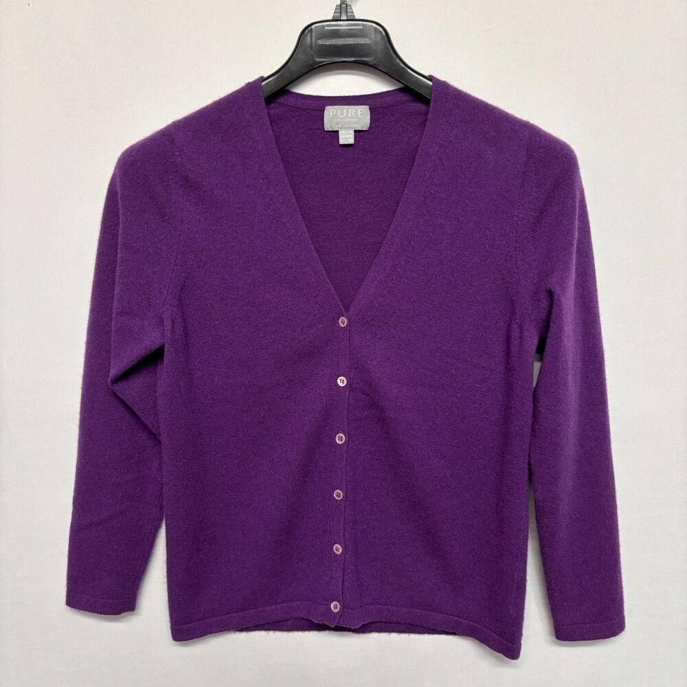 Pure Collection Women 100% Cashmere Cardigan Sweater Size 14/16 Purple C133 -30